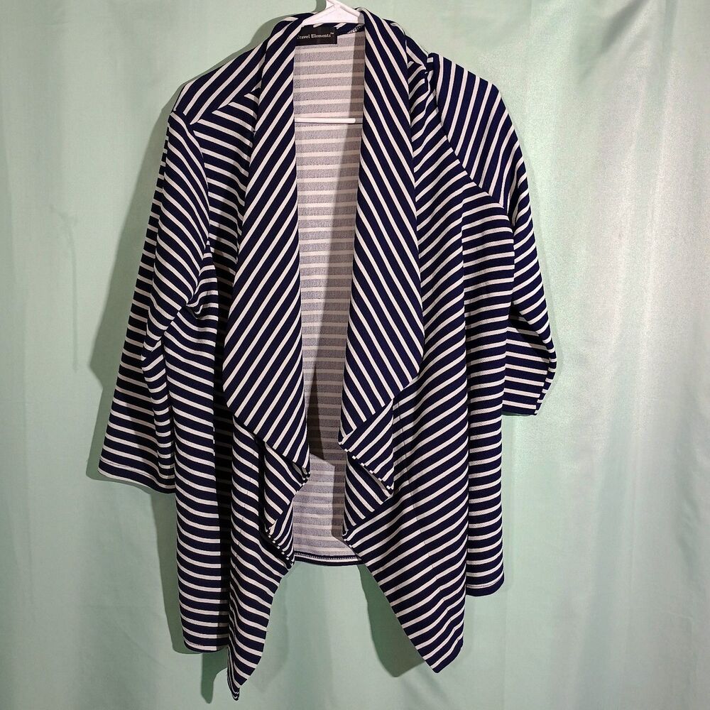 Travel Elements Blue White Striped Open Front Cardigan Drape Jacket